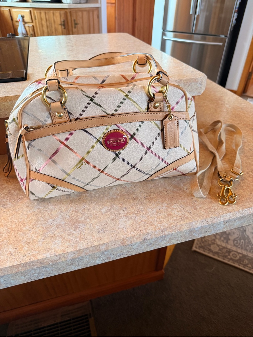 Coach Ivory Multicolor Plaid Satchel with Tan Trim and Gold Hardware